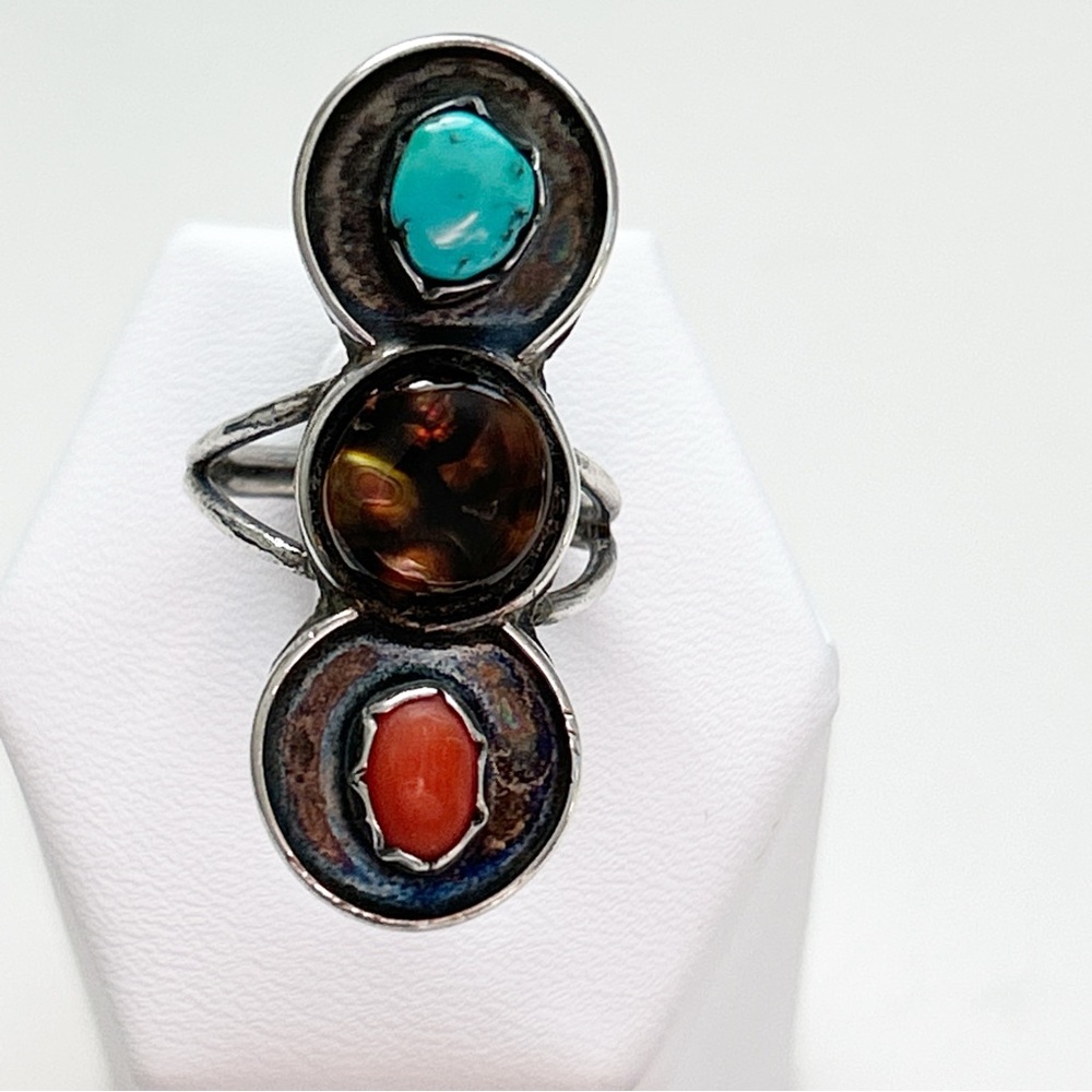 Stunning Vintage Southwestern Turquoise Fire Agate Coral Sterling Silver Ring - Picture 8 of 11